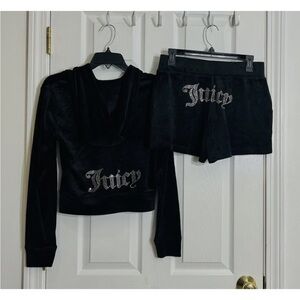 Juicy Couture Bling Velour Tracksuit Hoodie & Shorts Set - Size L Black